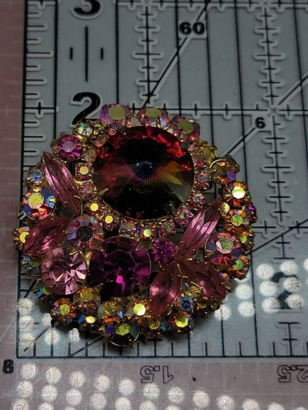 Juliana D&E Vintage Watermelon Rivoli Brooch Layered Pink Fuchsia AB Rhinestones